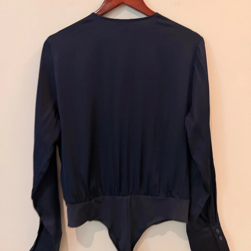Quince Washable Stretch Silk Surplice Bodysuit Wrap Front Long Sleeve Date Navy